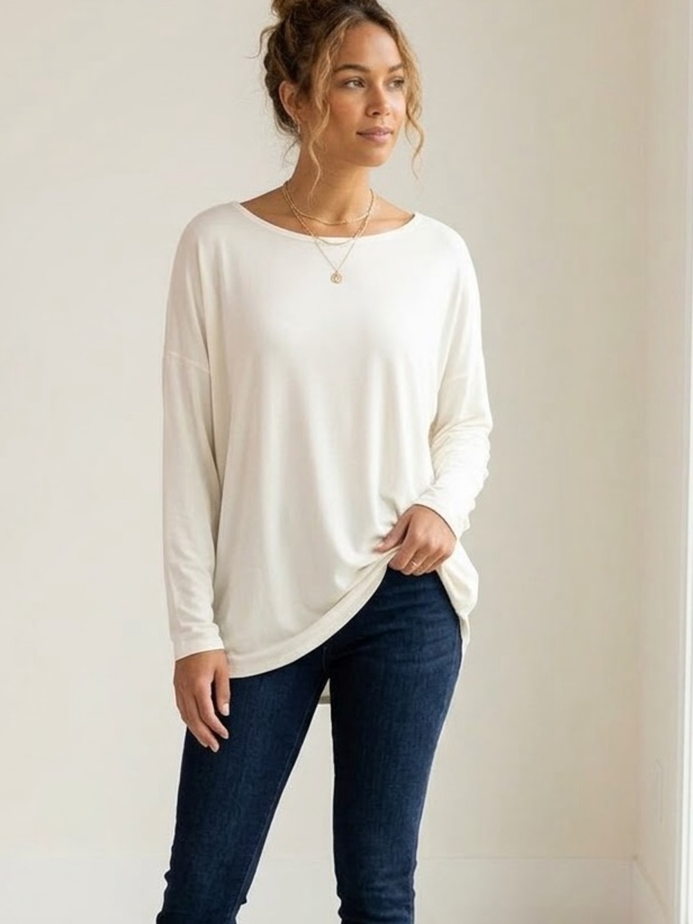 PIKO Oversized Bamboo Top White Small EUC Long Sleeve Soft Stretch T1851 - Picture 1 of 6